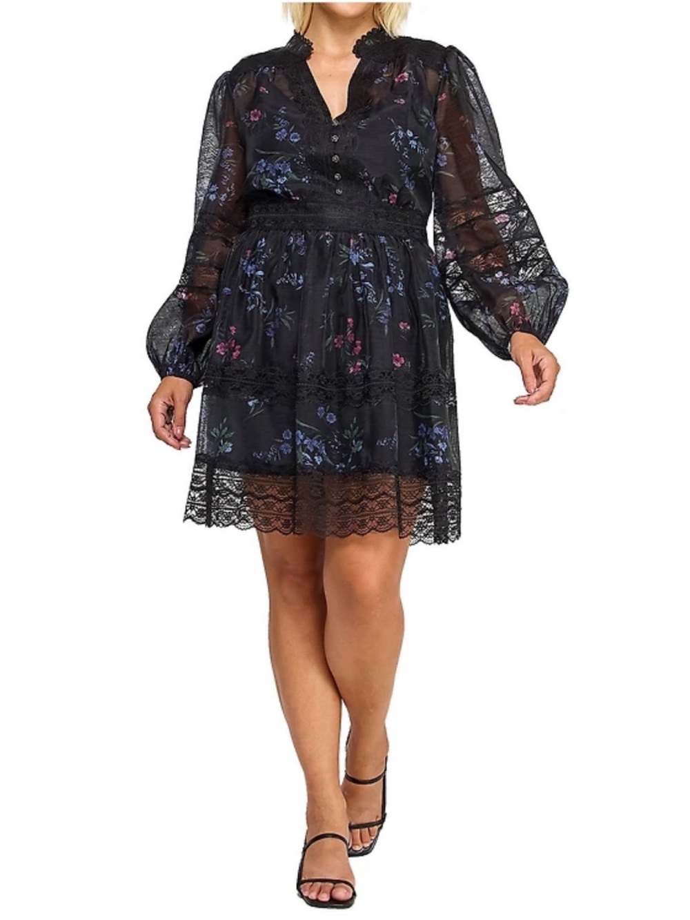 LAYERED WITH LOVE Floral Print Faille Long Sleeve Lace Trim Mini Dress. Size 2XL